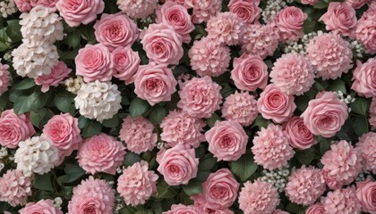 Naklejka premium Pink roses, daisies & hydrangeas; vintage floral wall , vintage style, wedding decor