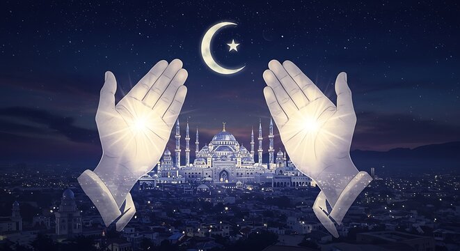 Praying Hands Eid Night.  illustration depicting two hands raised in prayer