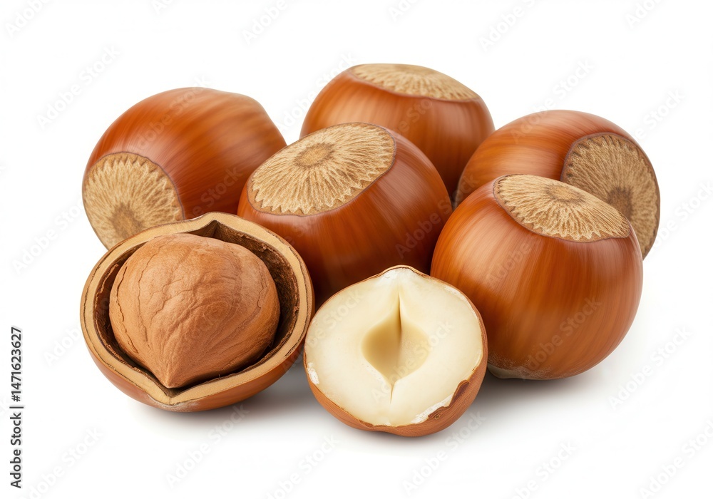 Poster hazelnuts displayed with a shelled nut and a halved nut on a white background