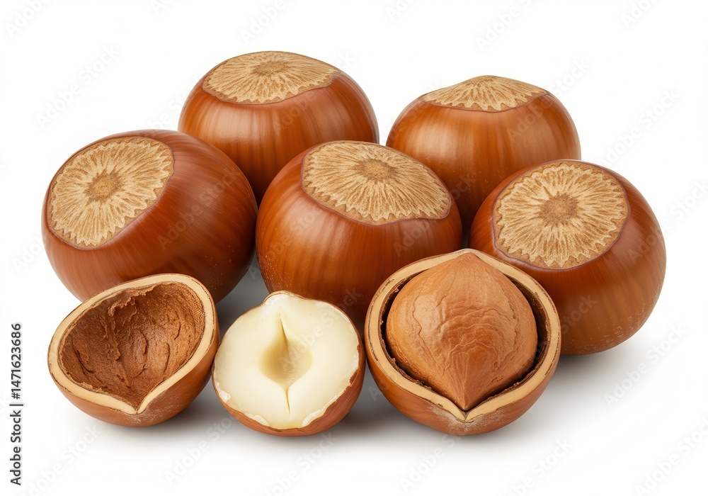 Poster group of hazelnuts with shells and kernels on a white background
