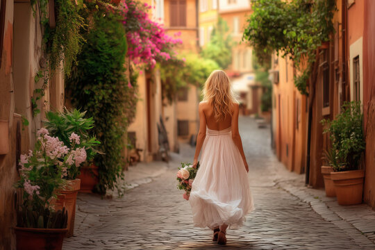 Woman in a Flowing White Dress with Rose Bouquet Walking Through a Narrow European Street