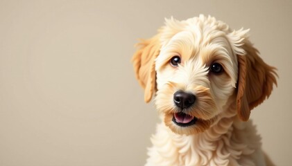 Close up view of cream labradoodle against neutral backdrop, background, cream, labradoodle