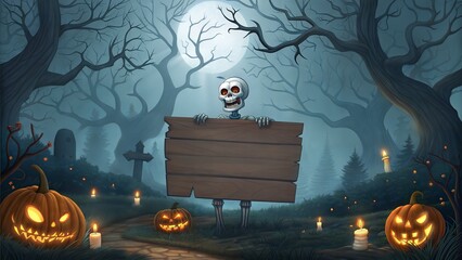Spooky Halloween Night – Glowing Pumpkins and Skeleton Signboard in Haunted Graveyard