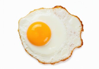 Single fried egg with bright yellow yolk on a white background, close up