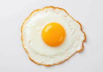 Fried egg with bright yellow yolk on white background, top view