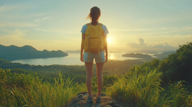 A young solo traveler with a yellow backpack stands on a mountaintop at sunset, gazing over a stunning panoramic view of lush hills