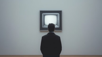 Person gazing at abstract artwork, individual in dark suit pondering creativity, minimalist gallery environment with space for ideas.