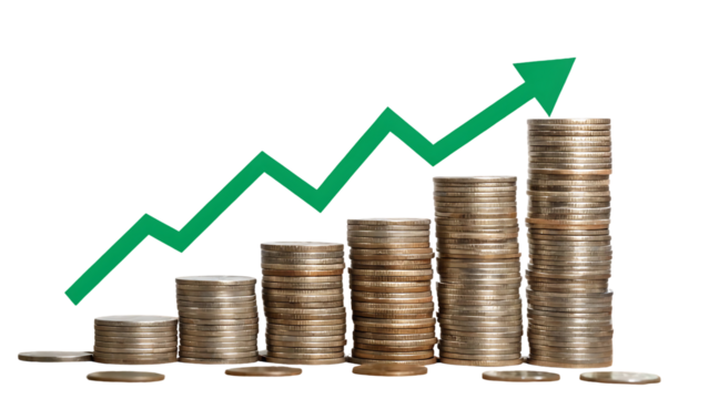 coins in ascending height overlaid with a jagged green upward arrow symbolizing fluctuating yet positive financial progress isolated on a transparent background 42971323 1