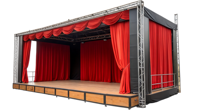 compact stage featuring bright red drapes smooth wooden flooring and a modern frame for contemporary and classic performances alike isolated on a transparent background 67737713 1