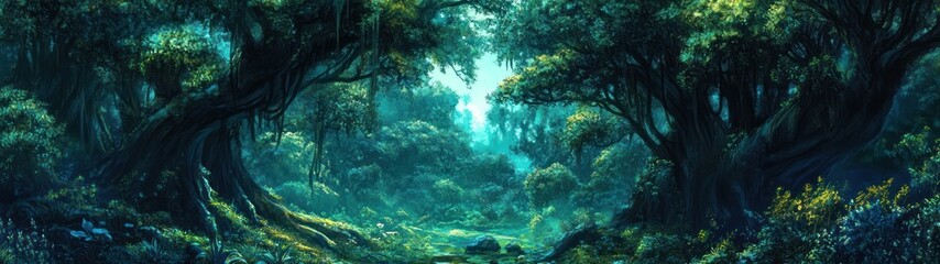 Fototapeta premium Lush, mystical forest scene with deep greens.