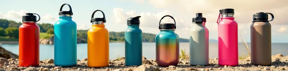 Collection of various sporty water flasks for outdoor activities, health, bottle, fitness
