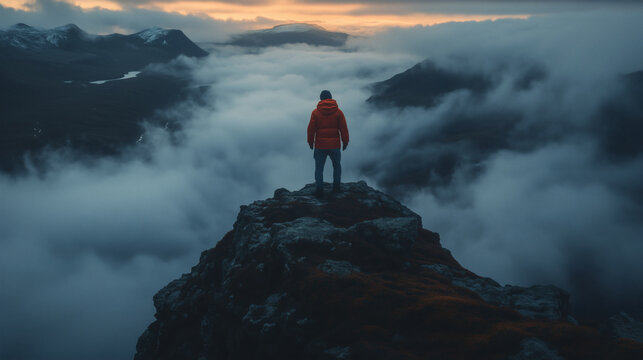 Lone Traveler Standing on Mountain Cliff Above Clouds at Sunset