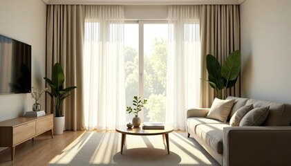 Fototapeta premium Elegant sheer curtains softly filtering sunlight in a bright living room , room decor, d?cor