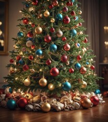 Fototapeta premium Ornate Christmas tree, vibrant baubles, soft focus fairy lights, winter wonderland, magic