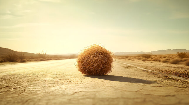 Solitary Tumbleweed Rolling Across Sunlit Desert Road - Powered by Adobe