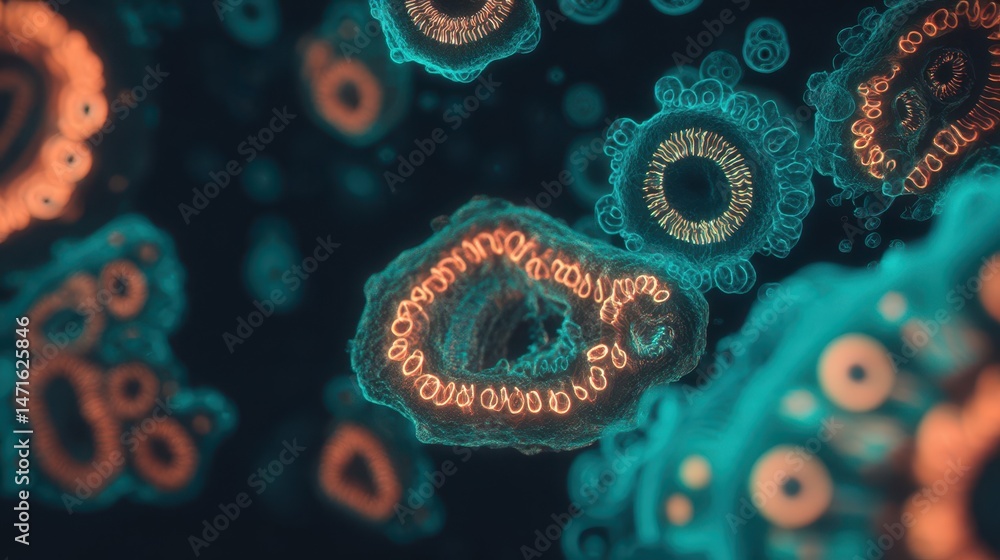 Poster abstract illustration of complex cellular structures.