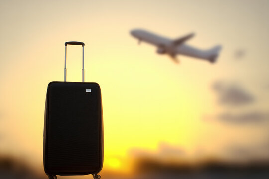 Suitcase at Airport with Airplane Taking Off at Sunset