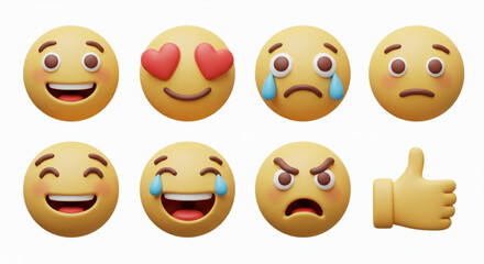 Fototapeta premium Yellow Emoji Set with Happy, Love, Sad, Angry and Like Icons | 3D Render of Emotional Expression for Social Media Marketing, User Interface and Communication