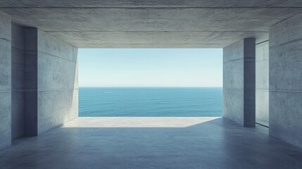 Finding solace in the vast ocean view from a modern concrete shelter on a sunny day with natural