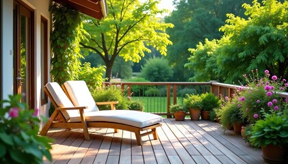 Fototapeta premium Relaxing patio furniture set on a sunny deck overlooking a lush garden , leisure, outdoor furniture