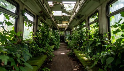 Overgrown Train Car Interior: Lush Green Plants Reclaiming Decaying Structure