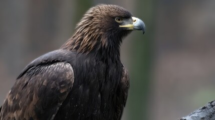 Majestic bird perched calmly, large dark feathers, sharp beak, showcasing alert demeanor, ideal for nature-themed content.