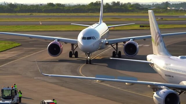 Two airplanes taxi on a busy airfield as ground crew members guide them. The scene captures the vibrant colors of sunset on the horizon, enhancing the airport's bustling atmosphere.