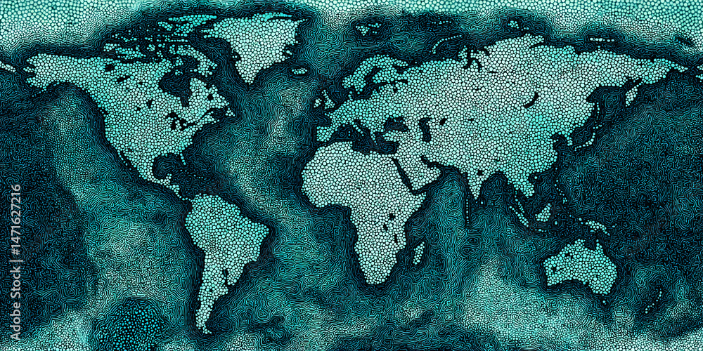 Poster teal world map mosaic, textured surface, depicting global connection and unity, suitable for travel 