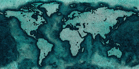Teal world map mosaic, textured surface,  depicting global connection and unity, suitable for travel or geography themes