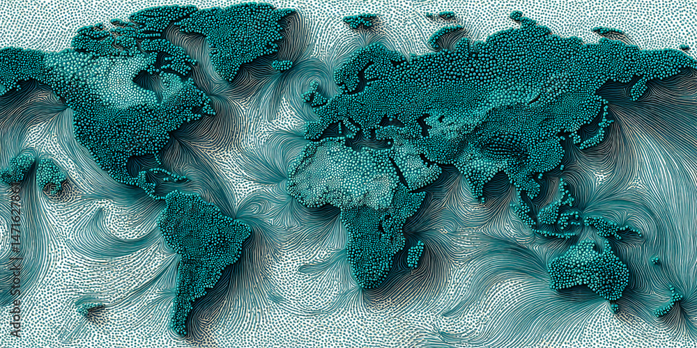 Poster stylized teal world map texture, formed by small dots, showing global wind patterns, representing in
