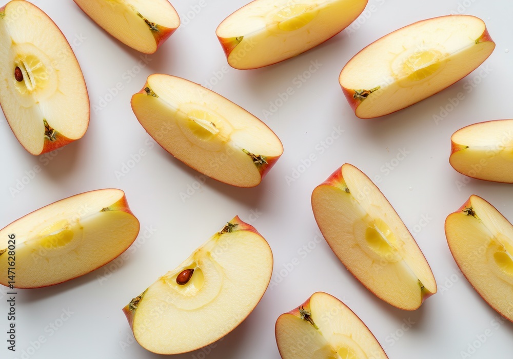 Aufkleber apple slices arranged on a white surface, showing the fruit's core and seeds, creating a fresh and s