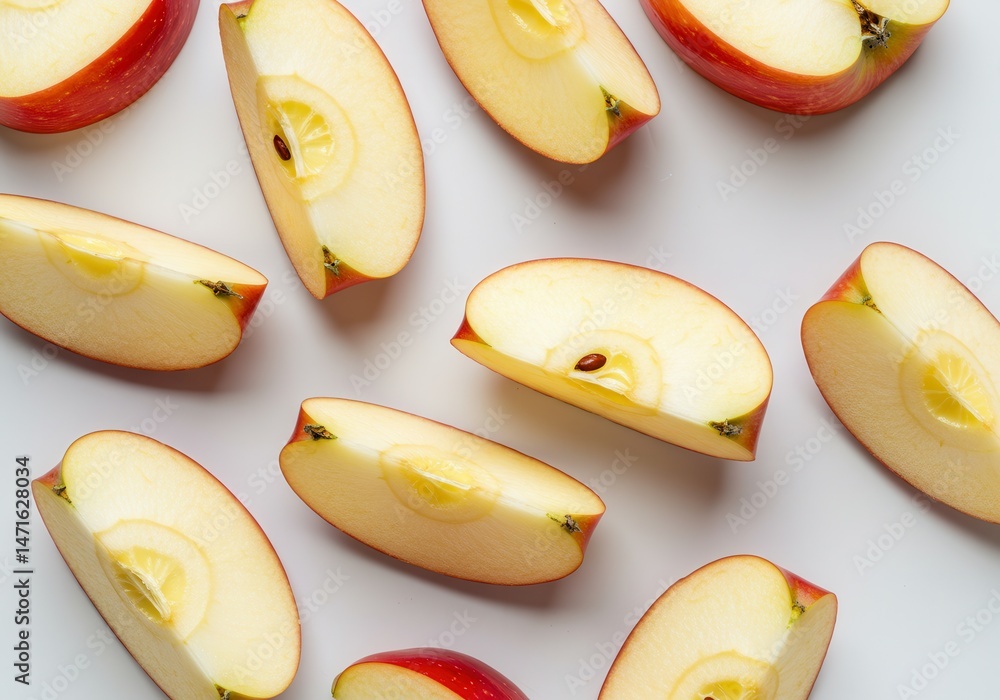 Poster overhead view of several sliced red apples with seeds on a light gray background, creating a pattern