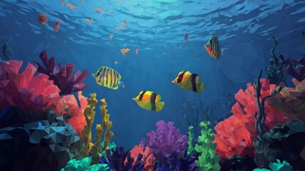 Fototapeta premium Vibrant Underwater Polygonal Scene: A Low-Poly Digital Art of Tropical Reef