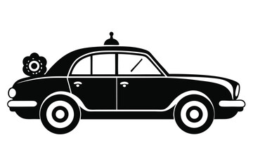 Black silhouette of cartoon taxi with cute flower on back shows transportation