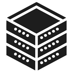 Black isometric vector silhouette icon of a data server rack representing technology