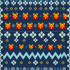 Cheerful Scandinavian knitted pattern with gifts and snowflakes.