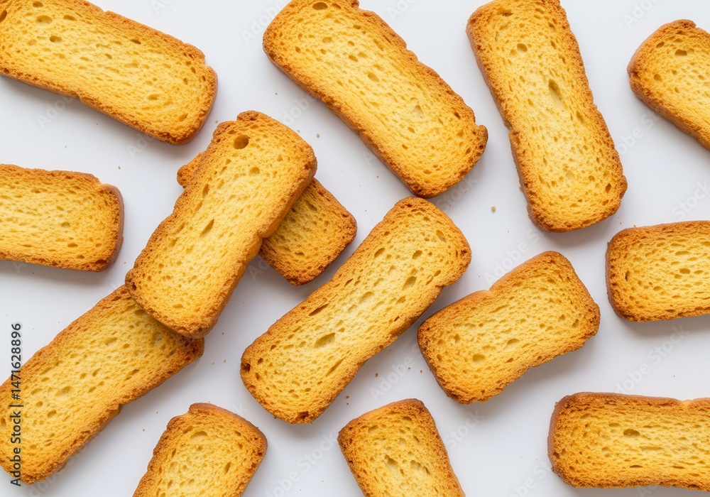 Poster overhead view of several golden brown rusks scattered on a white surface, creating a simple food bac