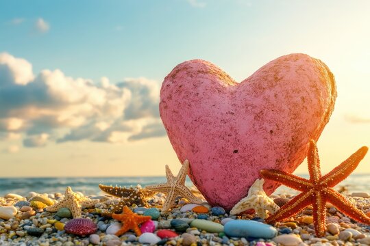 Heart-shaped rock on beach at sunrise