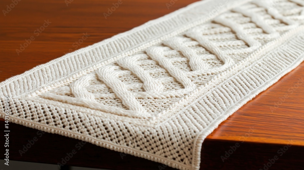 Poster handstitched concept, handstitched table runner with intricate patterns on wooden surface for elegan