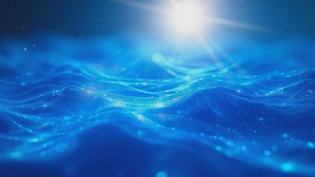 Abstract blue wave with white light, digital background.  The image is a flowing abstract backdrop with digital particles creating an abstract blue wave, with a white light in the center. 