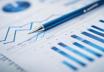 Close-up of financial charts and graphs with a blue pen, showing upward trends and data analysis for business growth and investment. : Generative AI