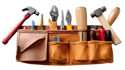 Handyman's Toolkit: An array of essential tools, including a hammer, pliers, and screwdrivers, are neatly arranged in a leather tool belt.