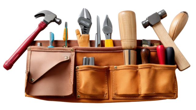 Handyman's Toolkit: An array of essential tools, including a hammer, pliers, and screwdrivers, are neatly arranged in a leather tool belt.