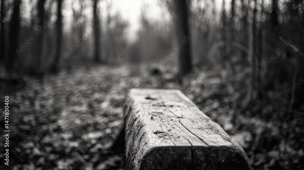 Aufkleber rustic wooden bench sits alone in a blurred, monochrome forest path, conveying a sense of solitude a