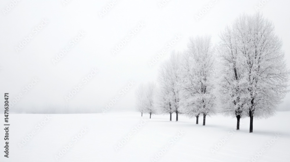 Fototapete Five frost-covered trees stand in a row across a snow-covered field, under a pale winter sky, creating a serene and minimalist winter landscape. : Generative AI