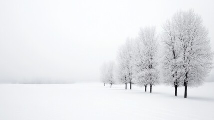 Fototapeta premium Five frost-covered trees stand in a row across a snow-covered field, under a pale winter sky, creating a serene and minimalist winter landscape. : Generative AI