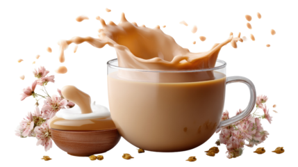 A Refreshing Beverage Splash: A delightful photograph showcases a clear glass cup filled with a rich, creamy beverage, captured mid-splash.