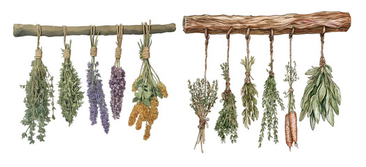 Obraz premium Watercolor Hanging Bundles of Dried Herbs and Vegetables