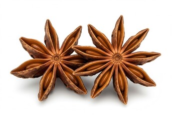 Two star anise spices arranged closely together on a white surface in a close-up shot
