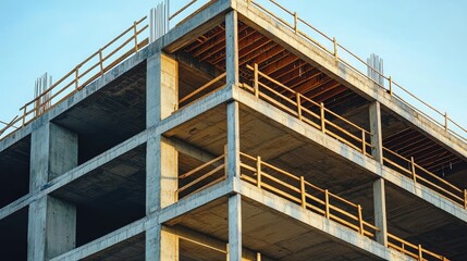 Fototapeta premium Exterior view of an unfinished concrete high-rise building under construction.